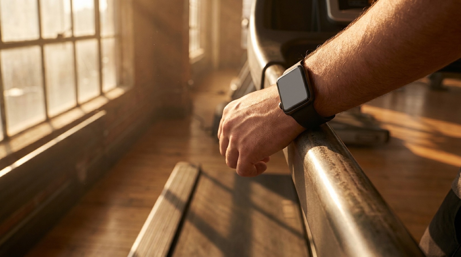 A runner's wrist wearing a smartwatch with a dark screen, resting on a treadmill rail in warm late-afternoon light