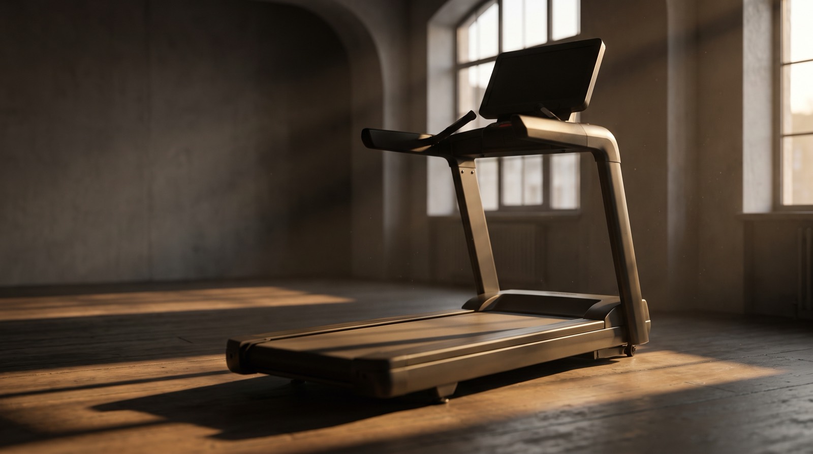 An empty treadmill in a quiet studio at golden hour, low sunlight falling across the belt and the floor