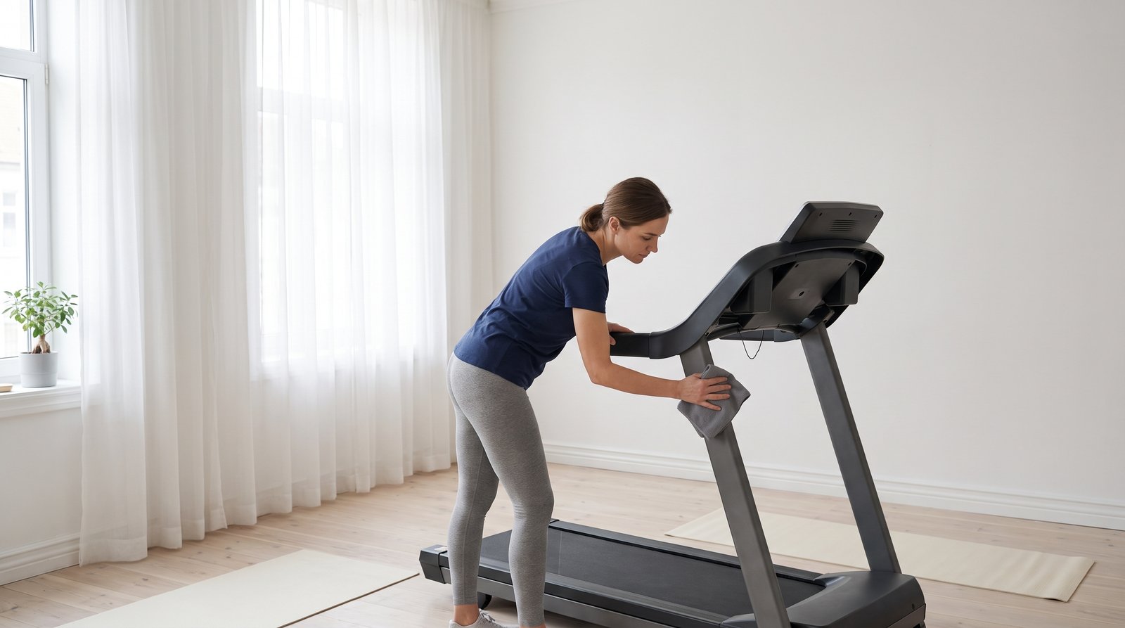 A home treadmill in a sunlit spare room in the morning, a woman wiping down its handrail with a cloth