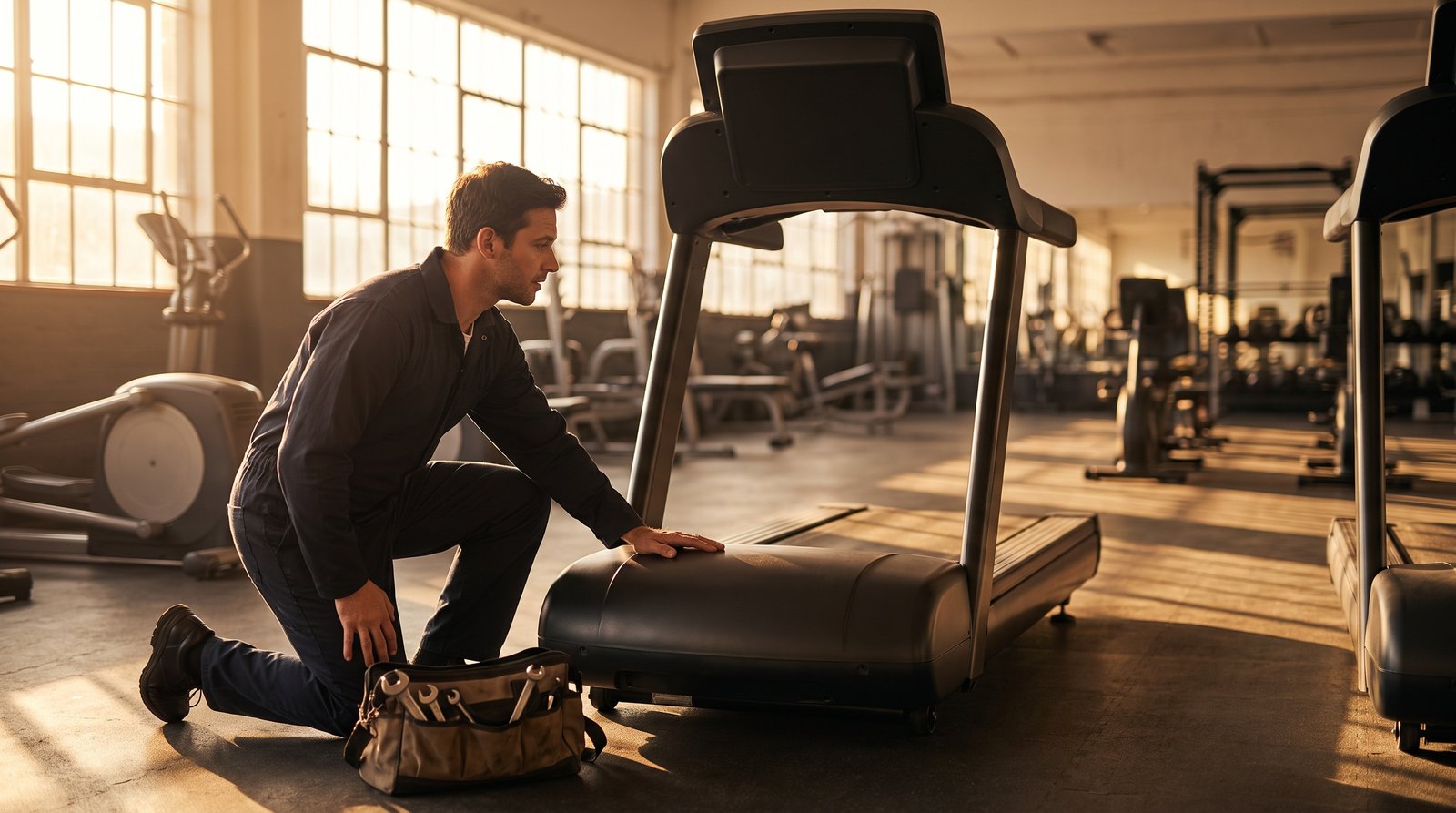 A service technician kneeling at the front of a gym treadmill in late afternoon light, a tool bag open on the floor beside him