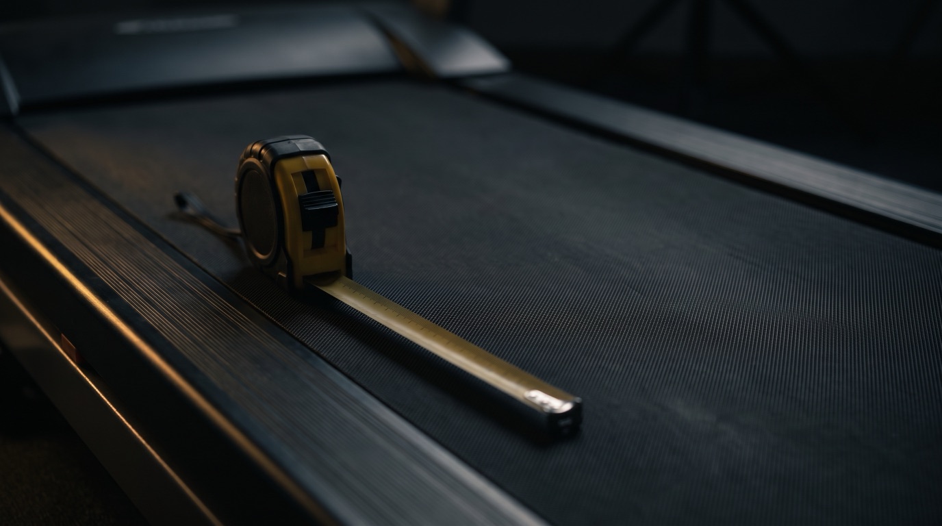 A tape measure lying unspooled across the belt of a stationary treadmill, lit by warm gold light in a dark room