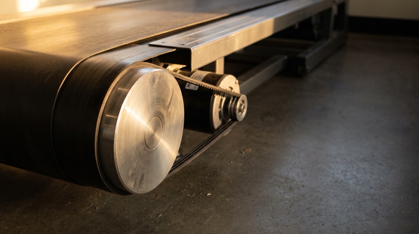 The drive end of a treadmill seen from floor level, showing the running belt wrapped over a steel roller and the ribbed drive belt beside it that turns the roller from the motor