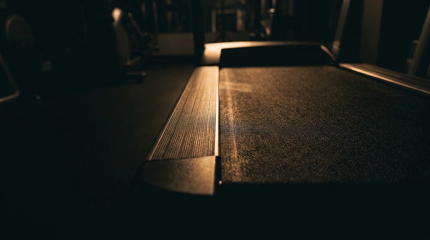 Close-up of a dark treadmill belt in a dim gym, lit by warm gold light