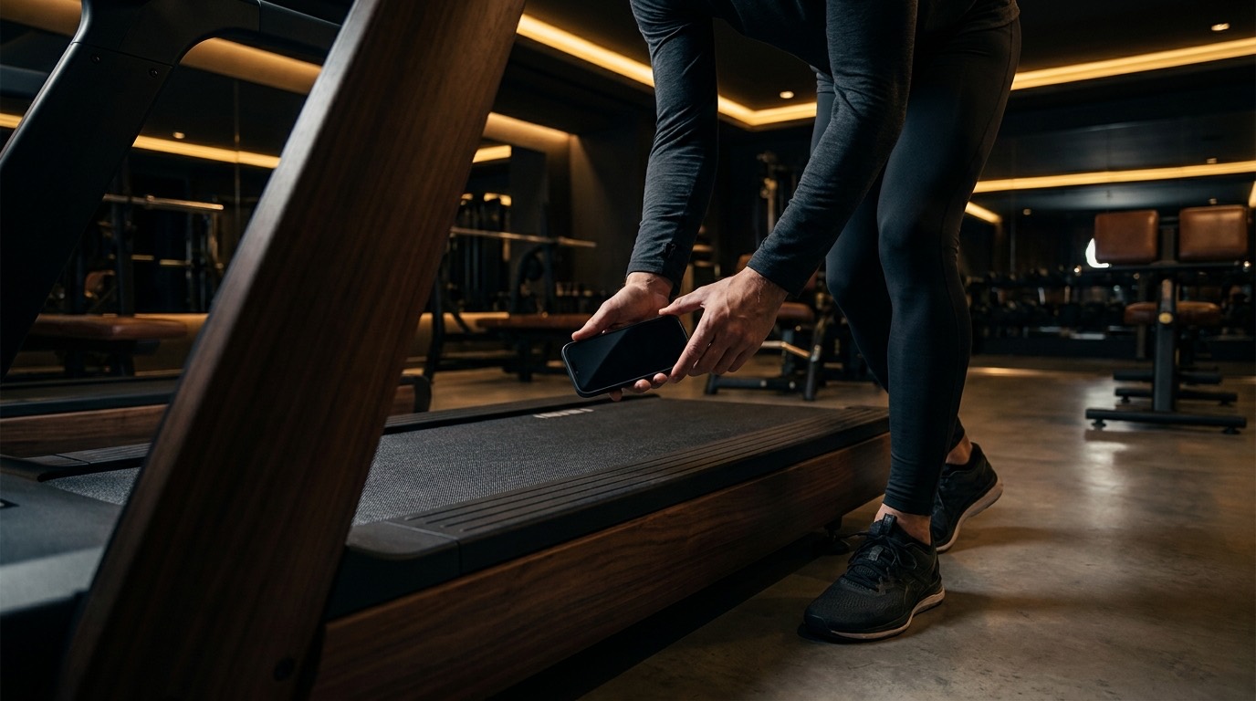 Runner standing beside a treadmill, holding a phone steady above the belt to measure it