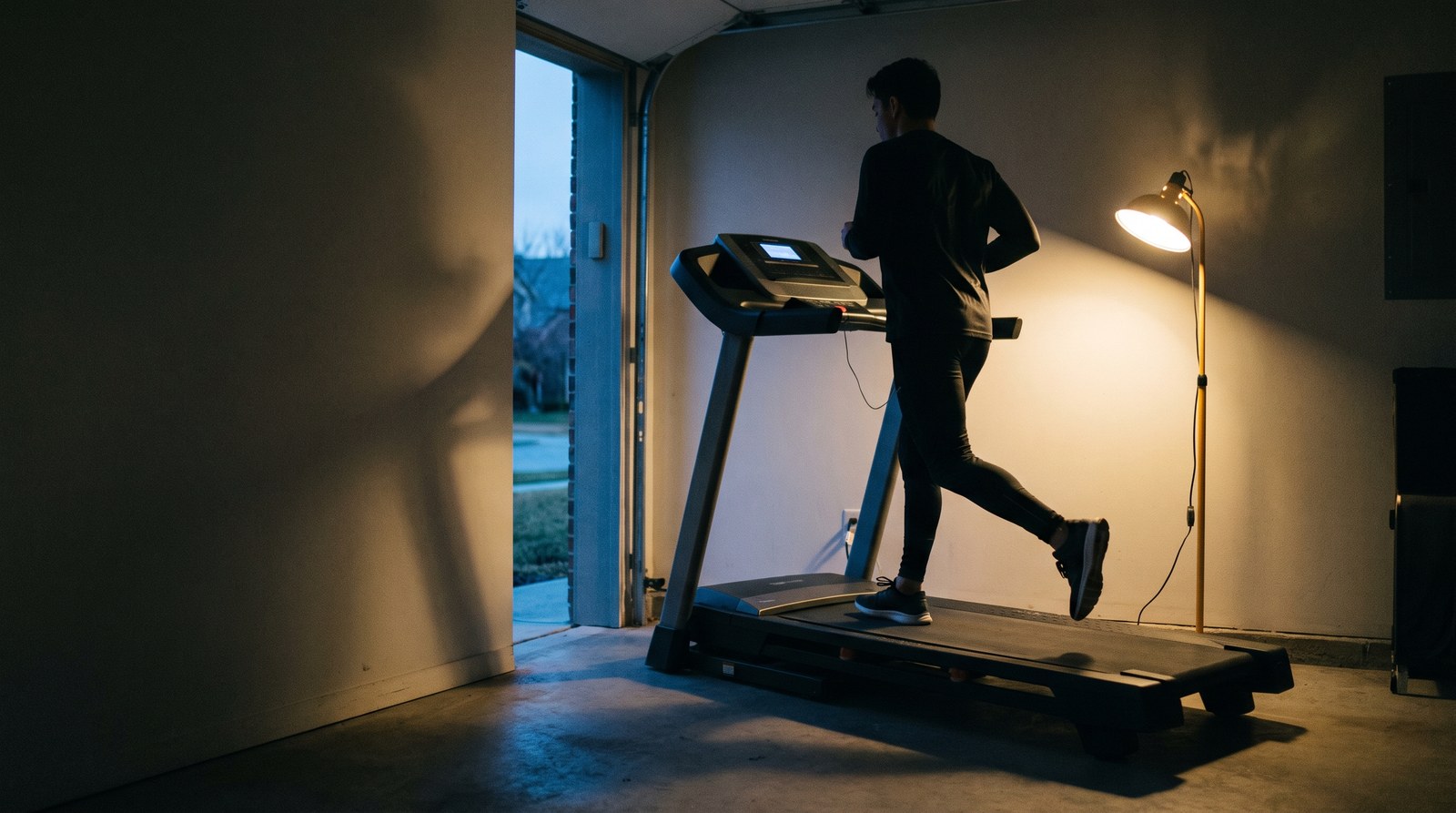 A runner mid-stride on a home treadmill in a garage gym in the evening, lit by one warm work lamp, the display a soft blur behind the belt