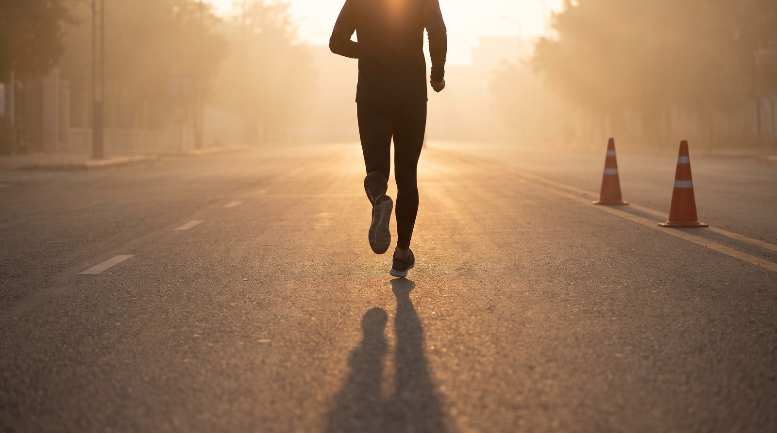 A lone runner seen from behind on a closed city street at sunrise on race morning, low warm sun and a long shadow