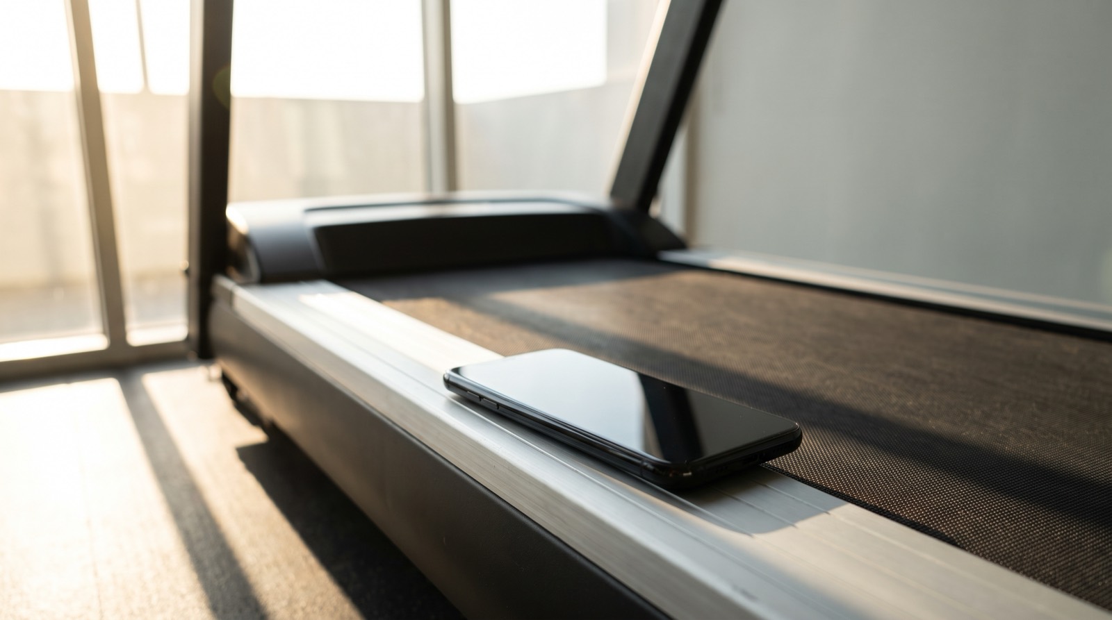 A phone lying flat on a treadmill's rail in a bright room filled with morning light, the belt sitting still below it