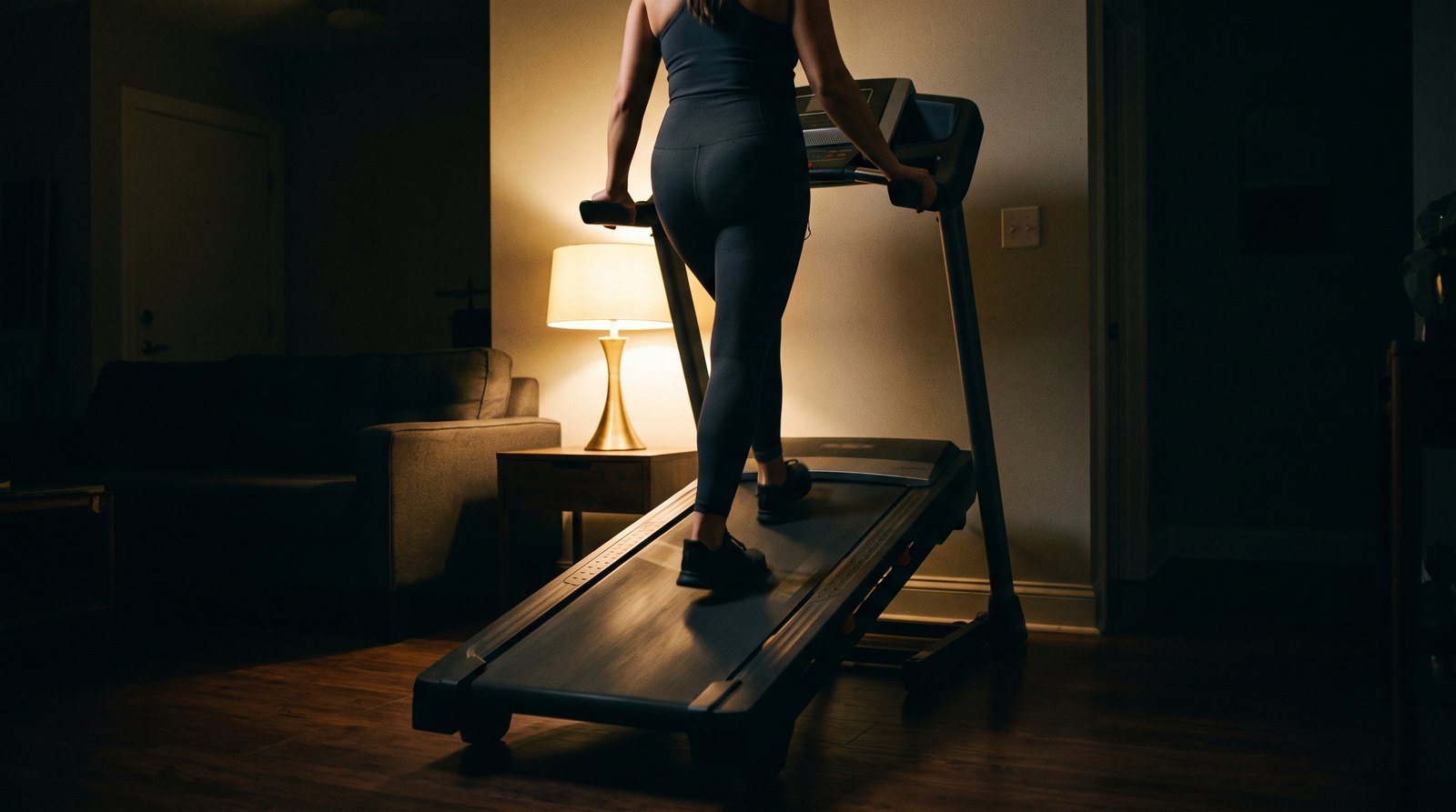 A woman walking uphill on an inclined home treadmill in a dim living room at night, lit by a single warm table lamp, seen from behind
