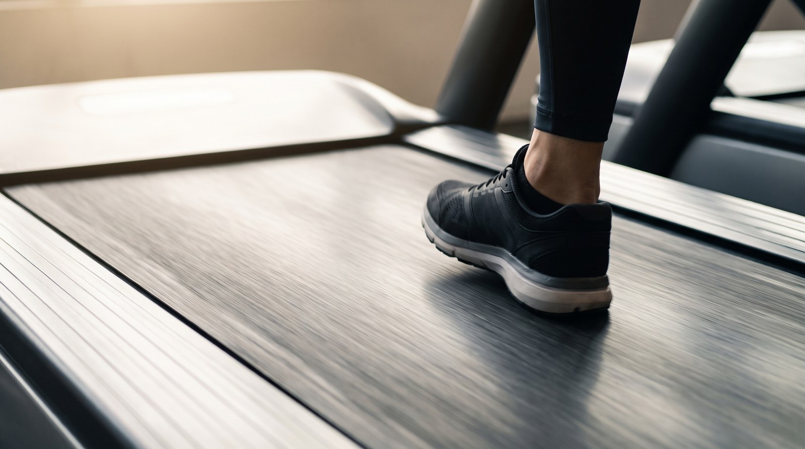 A close, low view of a running shoe on a treadmill belt in bright morning daylight, the belt tread streaked with motion blur