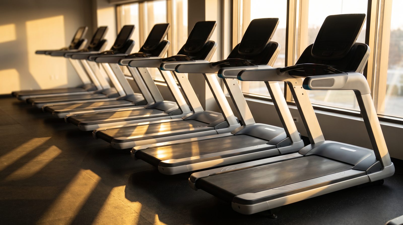 A row of empty, switched-off treadmills in a fitness studio, lit by low golden-hour light from tall windows