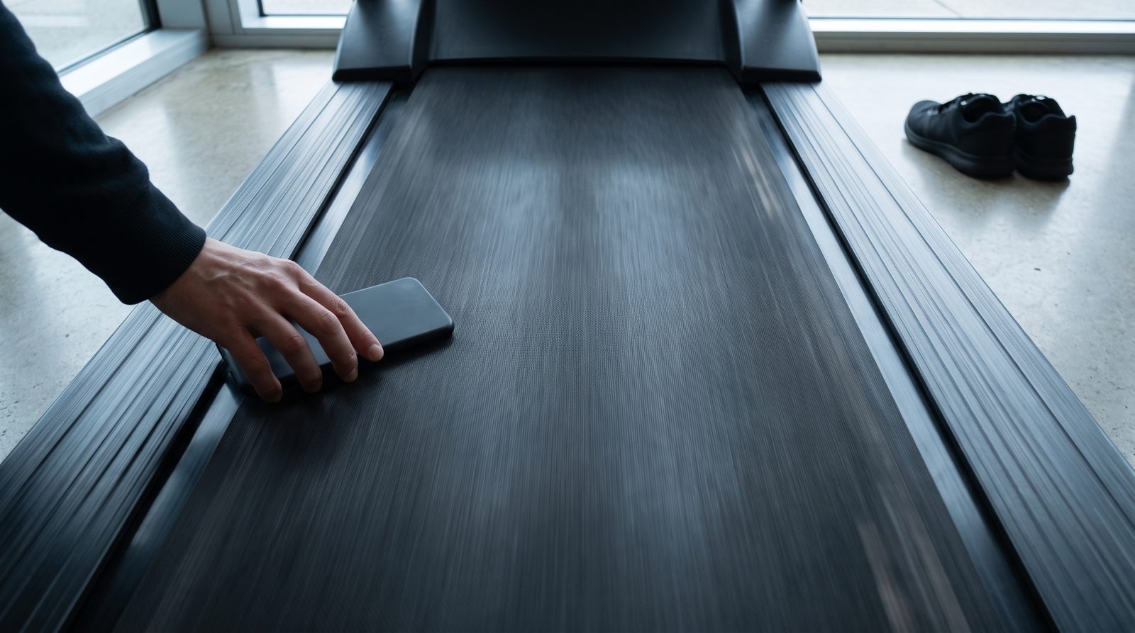 Looking down a running treadmill belt in soft overcast daylight, its tread blurred with motion, a hand from the left holding a phone flat above the open belt, running shoes on the floor beyond