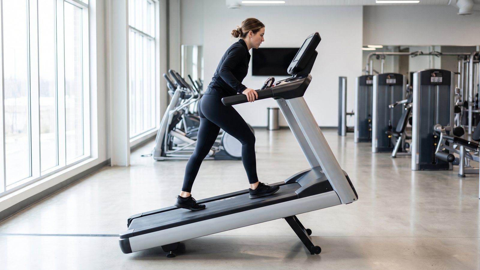 A woman walks uphill on a treadmill with its deck raised to a steep incline in a bright gym, seen from the side