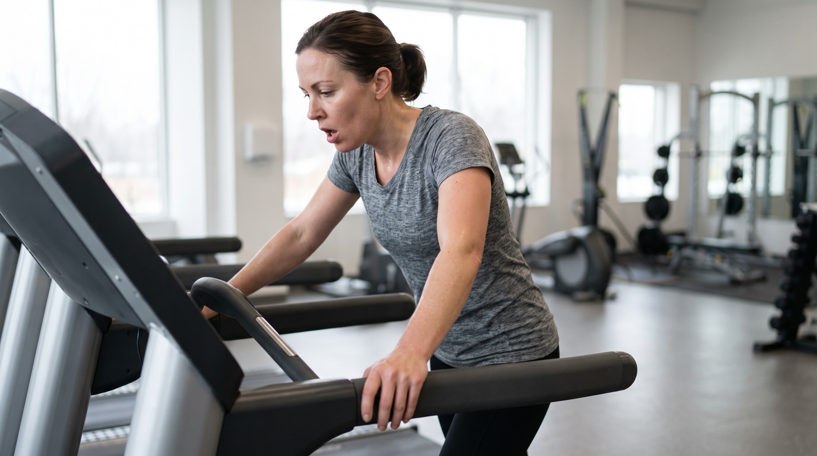 A runner gripping the front handrail of a treadmill during a recovery break between hard reps, head down and breathing hard, in soft overcast daylight
