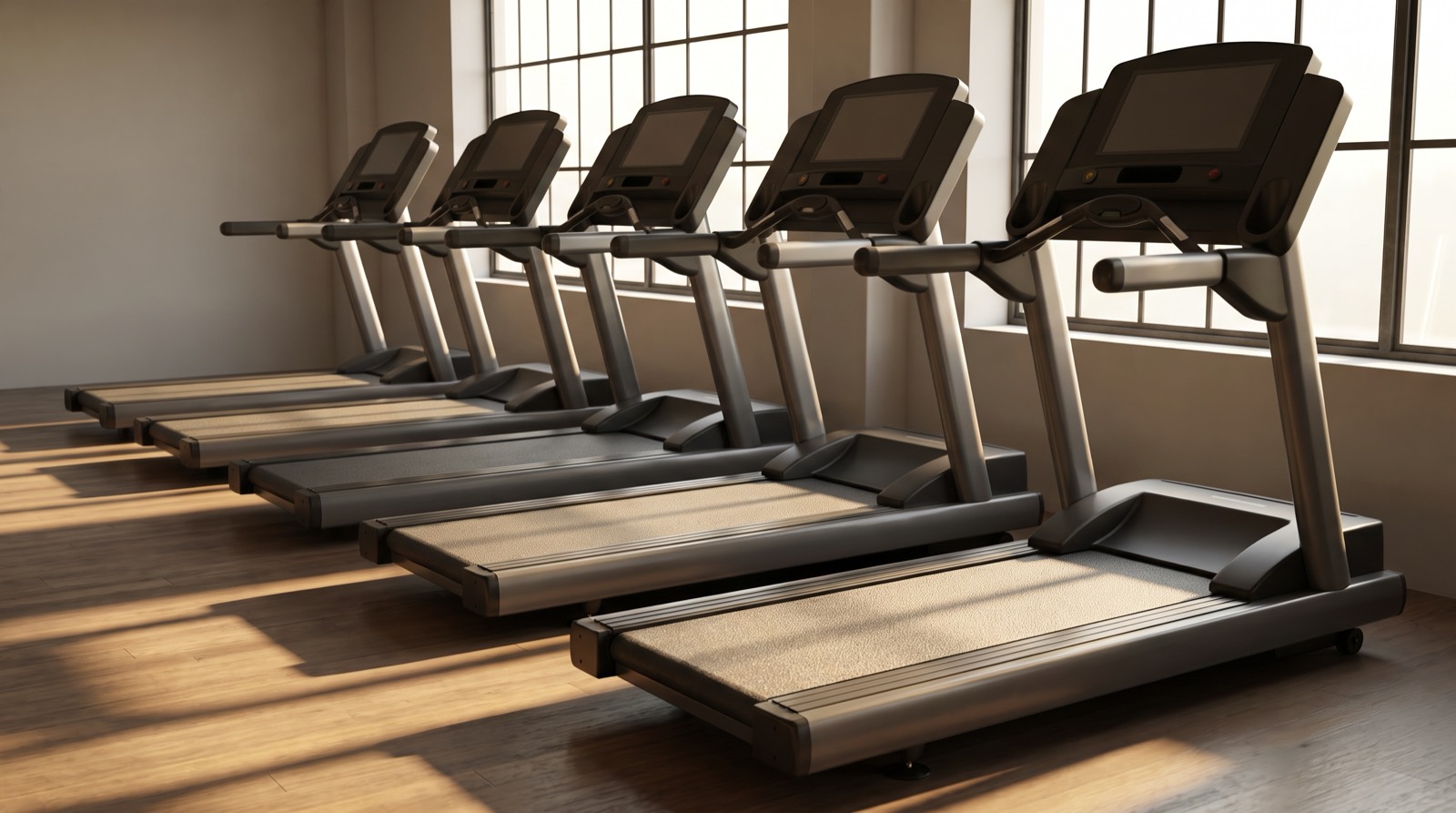 A row of identical treadmills standing empty in a sunlit gym in the morning, seen from a low angle down the line, their screens dark