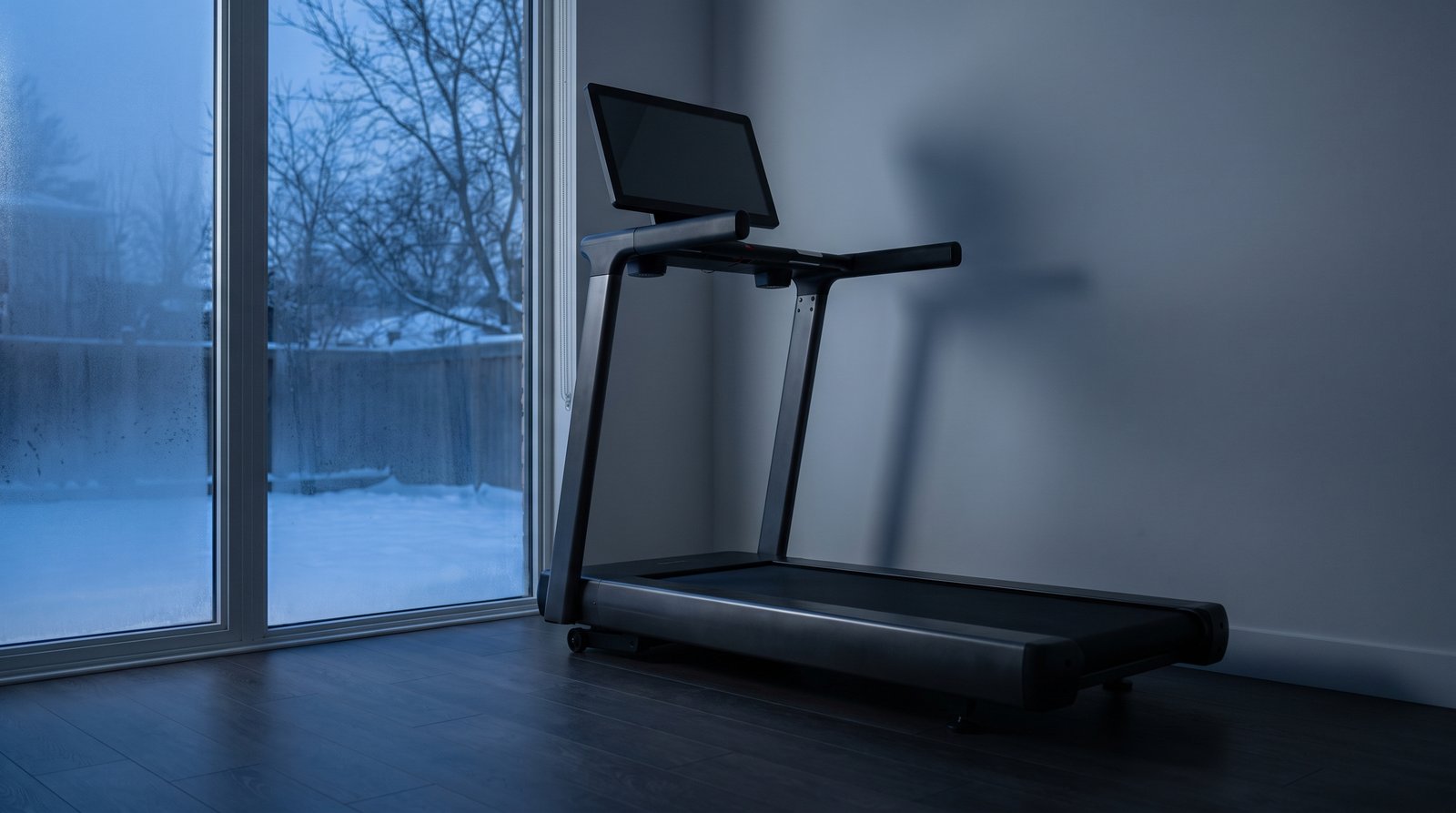 A home treadmill beside a frosted window before dawn, cold blue light on the belt, snow outside