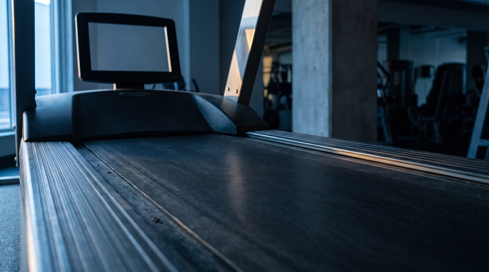 A treadmill belt in an empty gym before sunrise, lit by cool blue light coming through a tall window