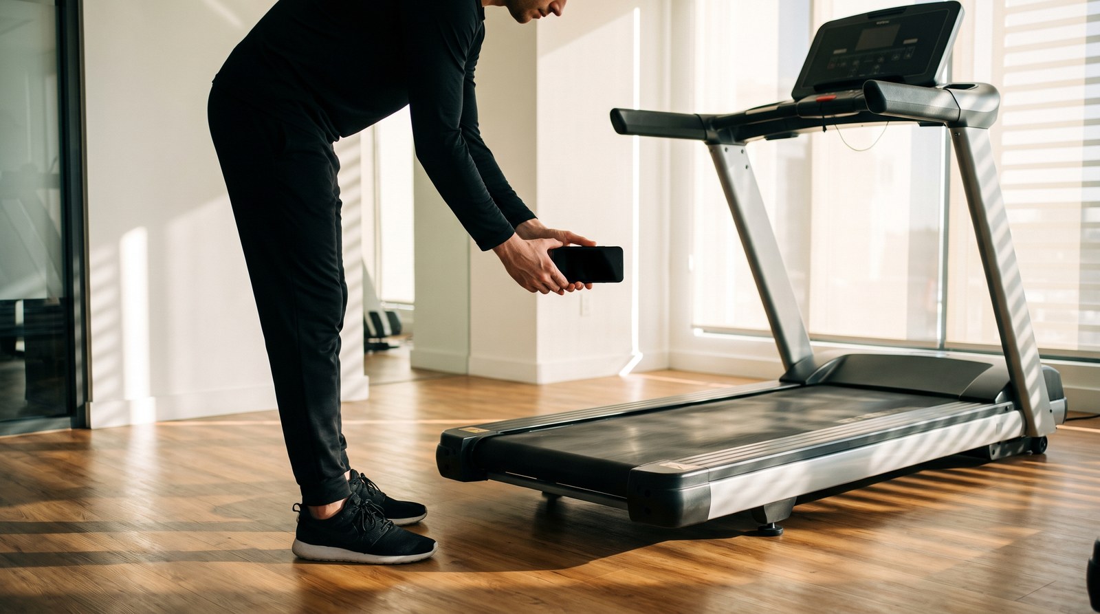 A runner standing beside a treadmill in late afternoon, holding a phone flat above the moving belt while hard sunlight through window blinds throws stripes across the floor