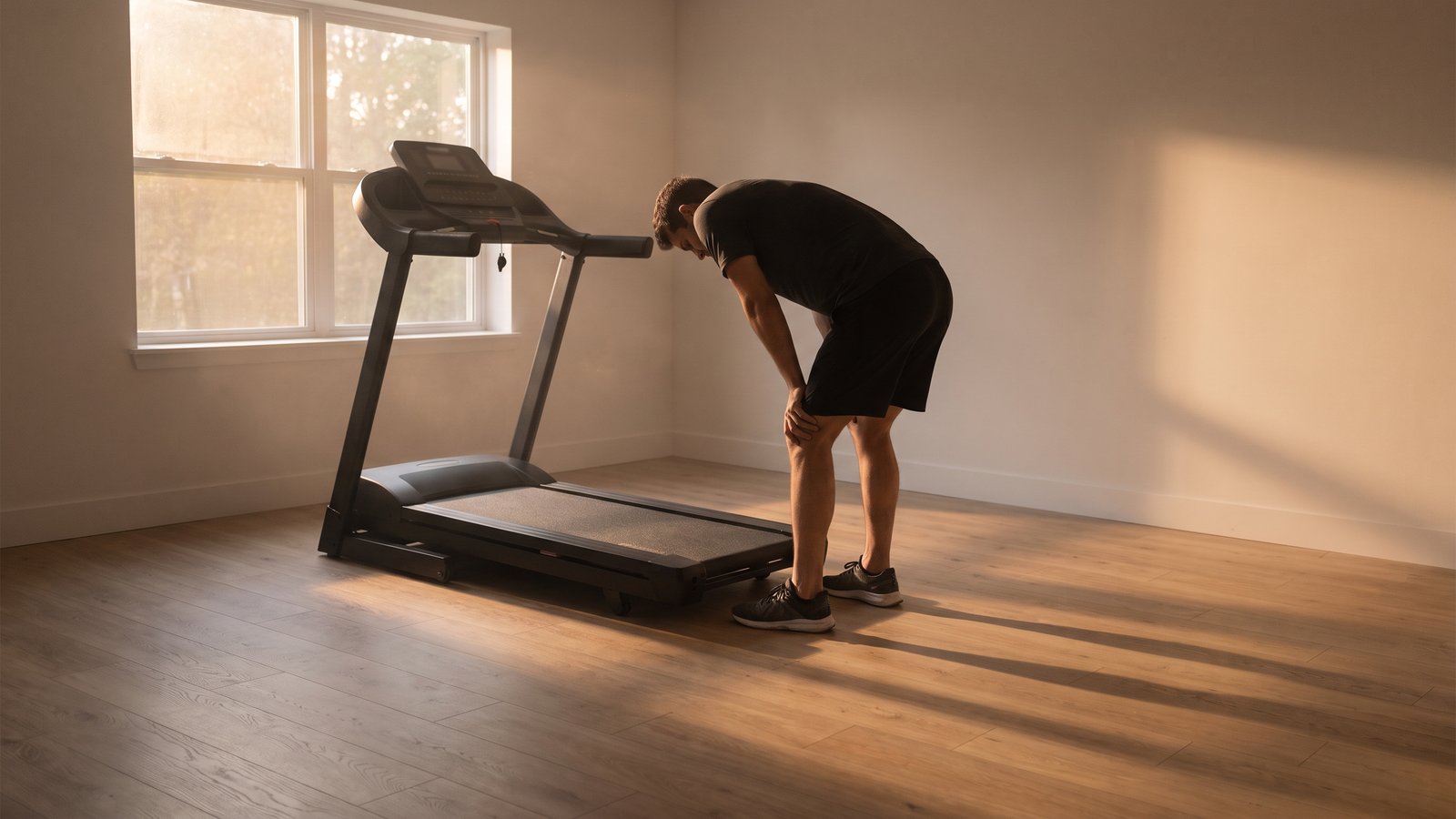 A runner bent over with hands on knees beside a stopped treadmill in the same home gym, seen from across the room in warm low light