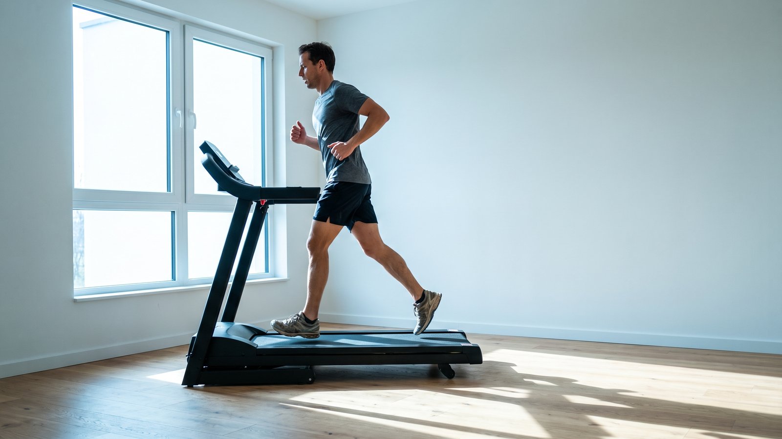 A runner mid-stride on a treadmill in a home gym, bright daylight through a big window, seen from the side and slightly behind, working hard through a time trial