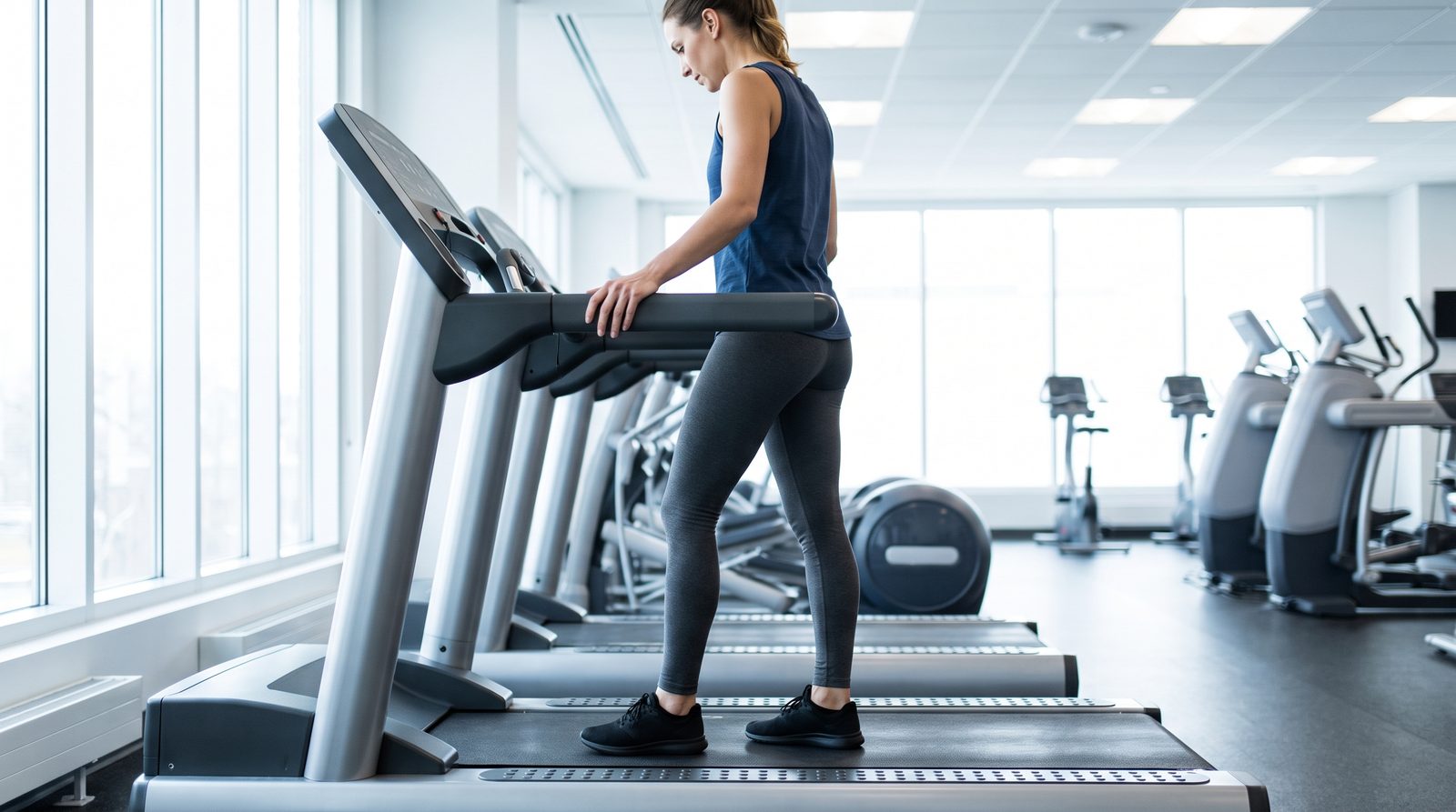 A runner standing still on a treadmill belt in a bright, neutral commercial gym, one hand on the handrail, before starting her workout