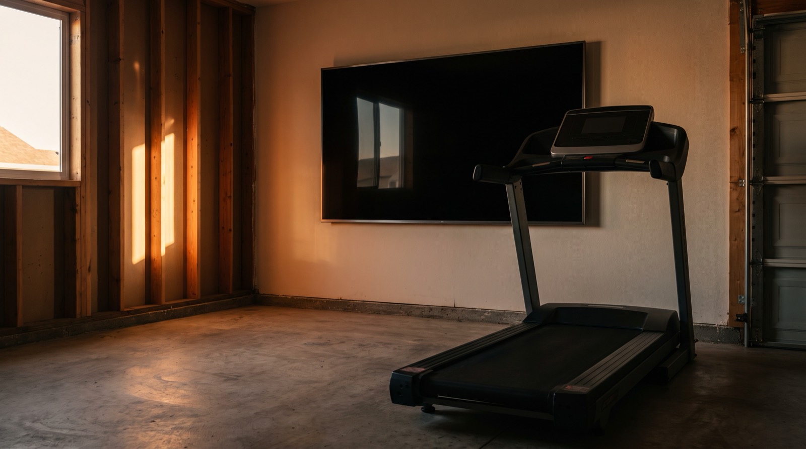 A treadmill in a converted garage facing a large screen mounted on the wall, warm late-afternoon sunlight raking in from a side window